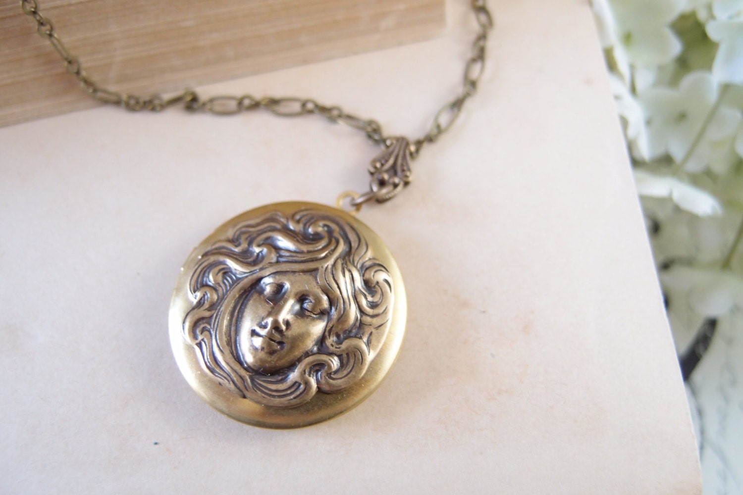 Art nouveau mythical goddess Vintage brass locket necklace