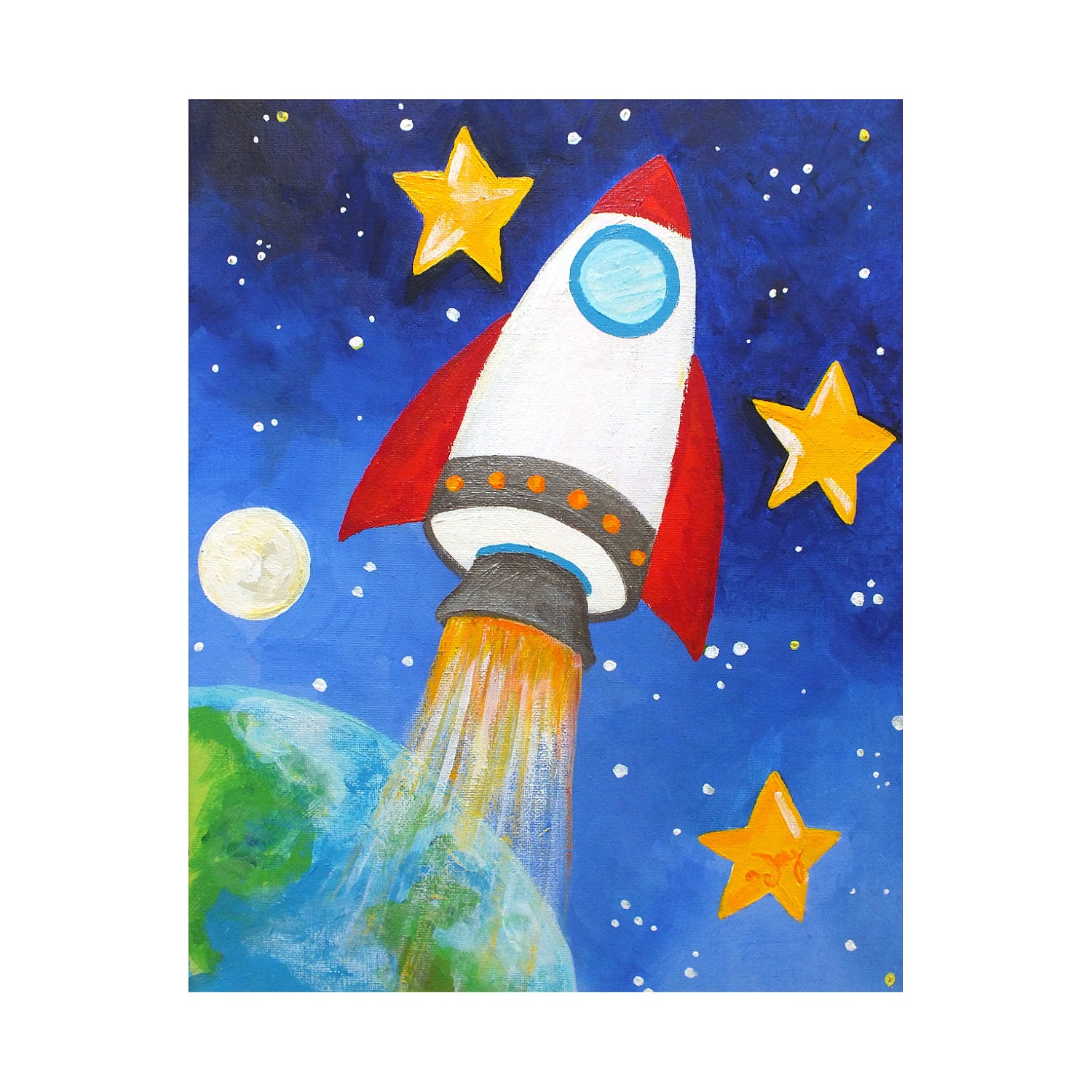 Kids Wall Art for Boys PRINT, Rocket Blast Off, 16x20, Childrens Wall Art, Solar System Space Decorfor Boys Rooms