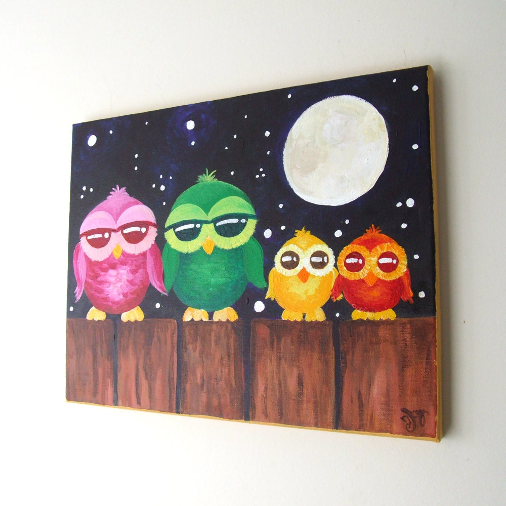 Childrens Wall Art, OWLS ON A FENCE, 14x11, Whimsical Owl Art for Nursery