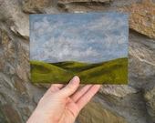 Minimalist Landscape Painting, small original painting with rolling green hills and cloudy blue sky, 5x7 painting