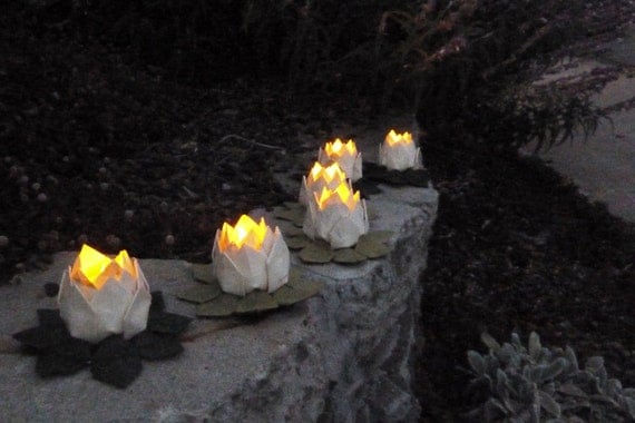 Origami Lotus Lanterns- set of 5 natural paper LED candle holders, gift boxed, free US shipping