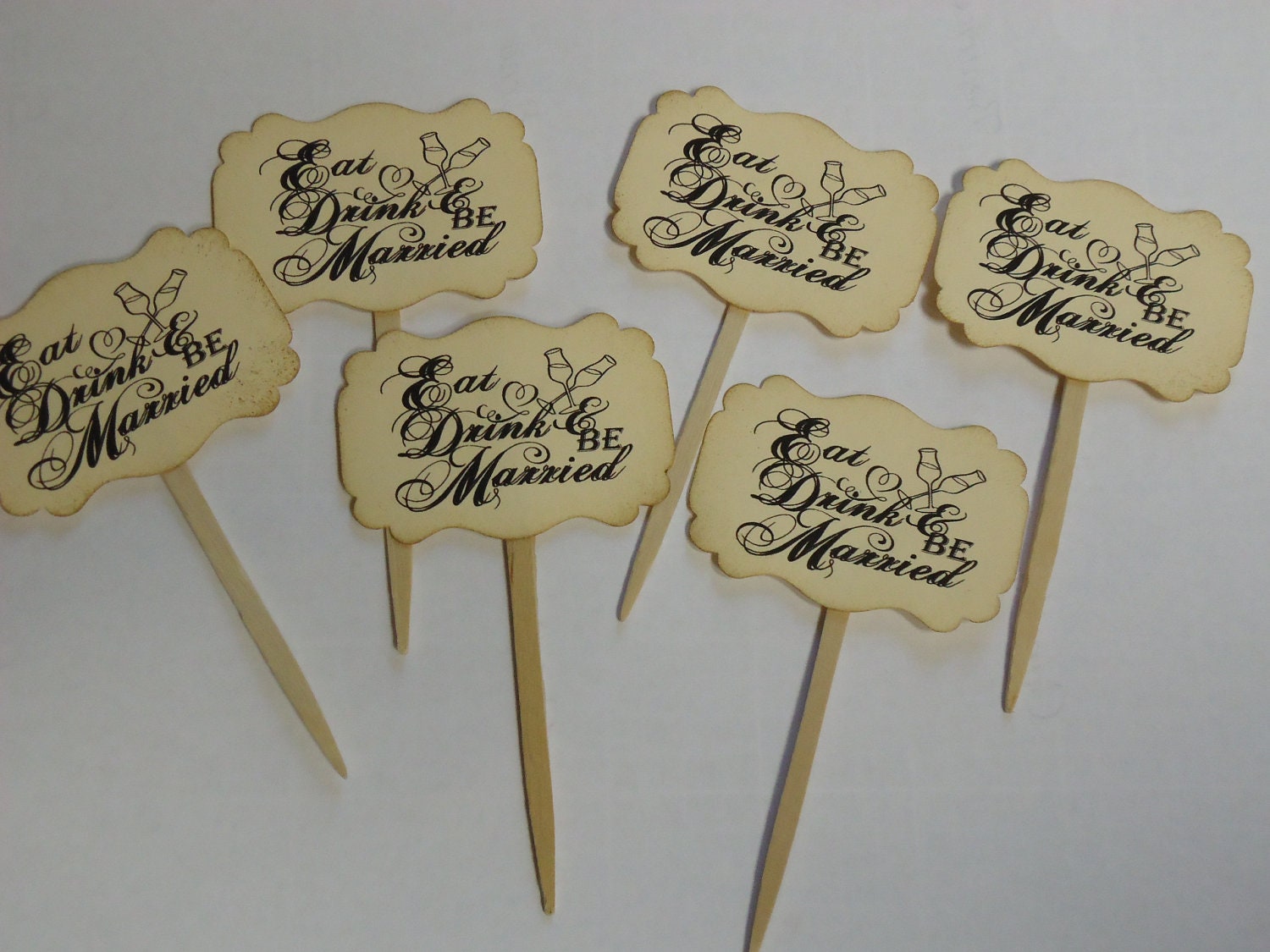 Set of 6 Cupcake Toppers Eat Drink and Be Married for Wedding