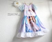 Shabby Chic Girl's Dress 8 - 10 Lavender Purple Kitten Theme Blue Bows Birthday Party Children's Clothing Upcycled Clothes  'MEOW'