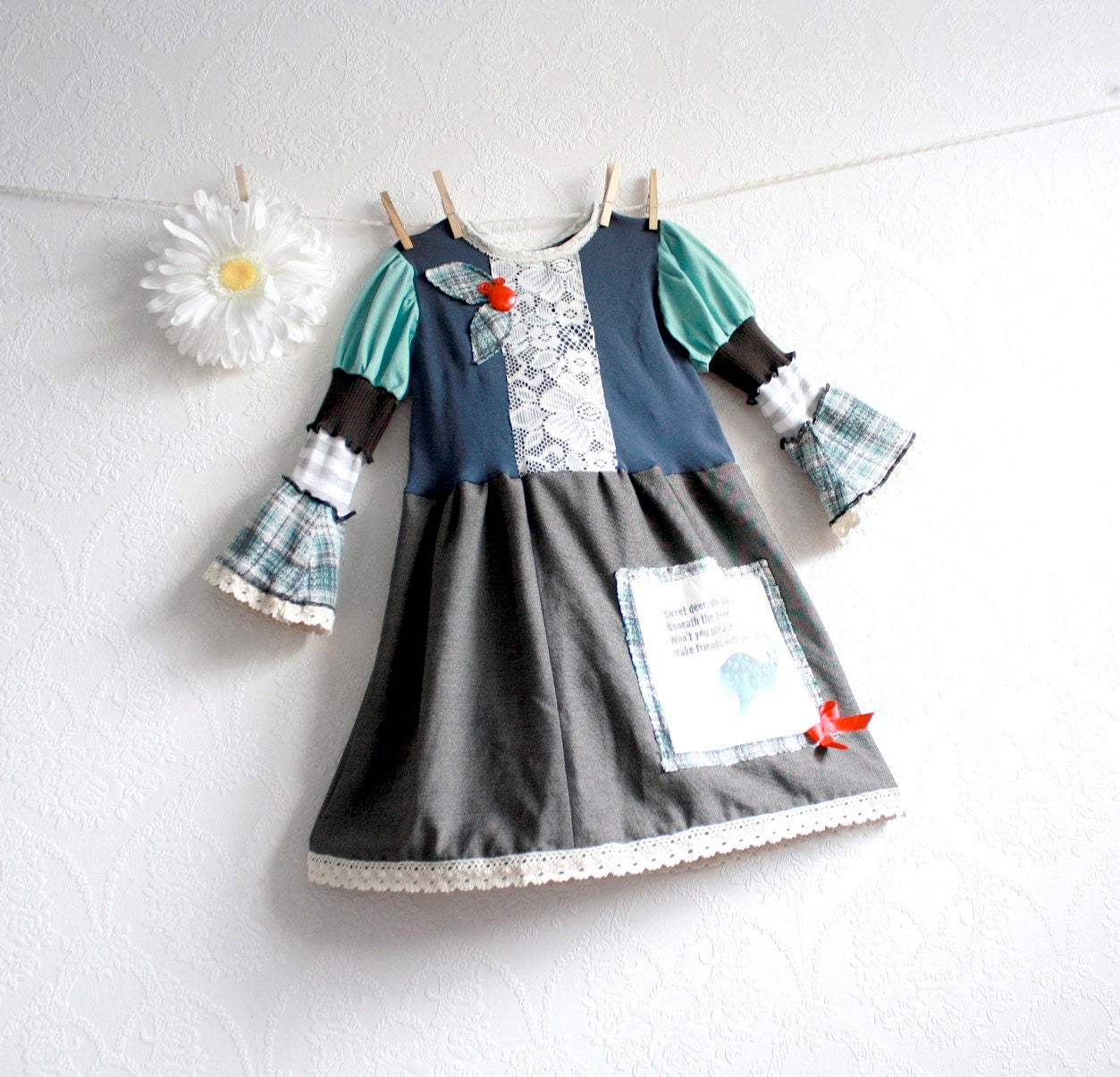 Girl's Upcycled Dress Size 5/6 Eco Friendly Clothes Teal Green Fall Winter Bohemian Style Woodland Deer Children's Clothing 'SOLANGE'