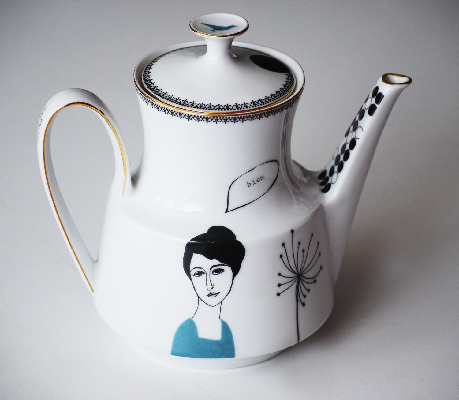 Vintage teapot Hélène in blue-gray and black