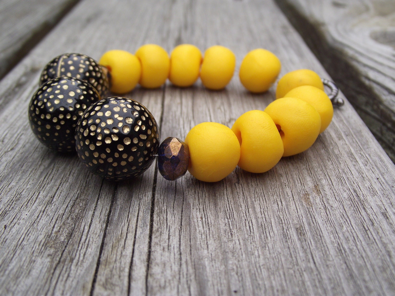 Lucite and Polymer Clay - Retro Round Polka Dot Black Gold Acrylic Bead -Mustard Yellow Beaded Bracelet - Ready to Ship