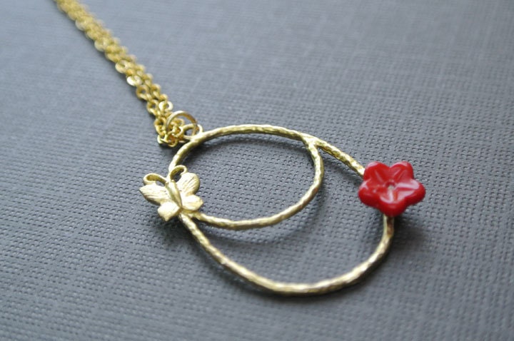 Butterfly Necklace, Matte Gold Necklace, Butterfly in Oval Ring Necklace