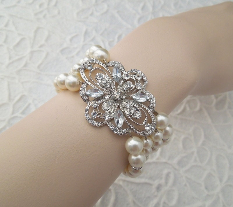 Pearl Bridal Bracelet,Pearl and Rhinestone Bracelet,Bridal Rhinestone Bracelet,Pearl Statement Bracelet,Ivory or White Swarovski Pearls,DEMI
