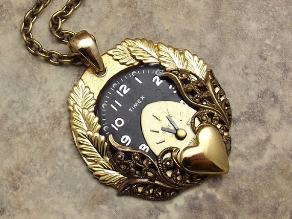 Steampunk Heart Clock Necklace, Black, Gold, Victorian Filigree