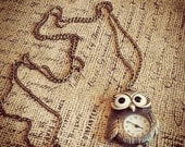 Brass Owl Quartz Pocket Watch Pendant Necklace