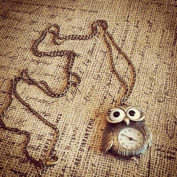 Brass Owl Quartz Pocket Watch Pendant Necklace