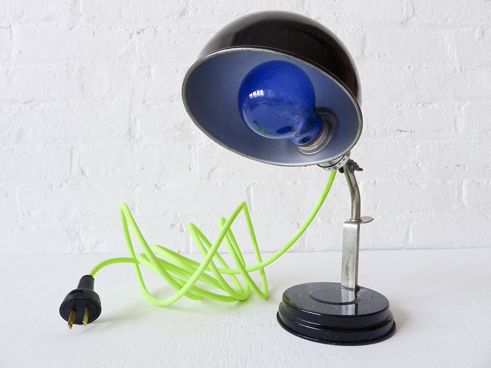 15% SALE - Vintage Industrial Black & Chrome Lamp or Sconce w/ Neon Green Yellow Color Cord