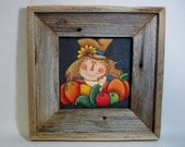 Scarecrow Man with Harvest Bounty, Framed in Rustic Barn Wood, Tole Painted on Black Screen