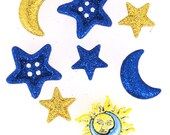 Jesse James Button Novelty Buttons Celestial Stars Moons Sun Glitter Blue Yellow Gold