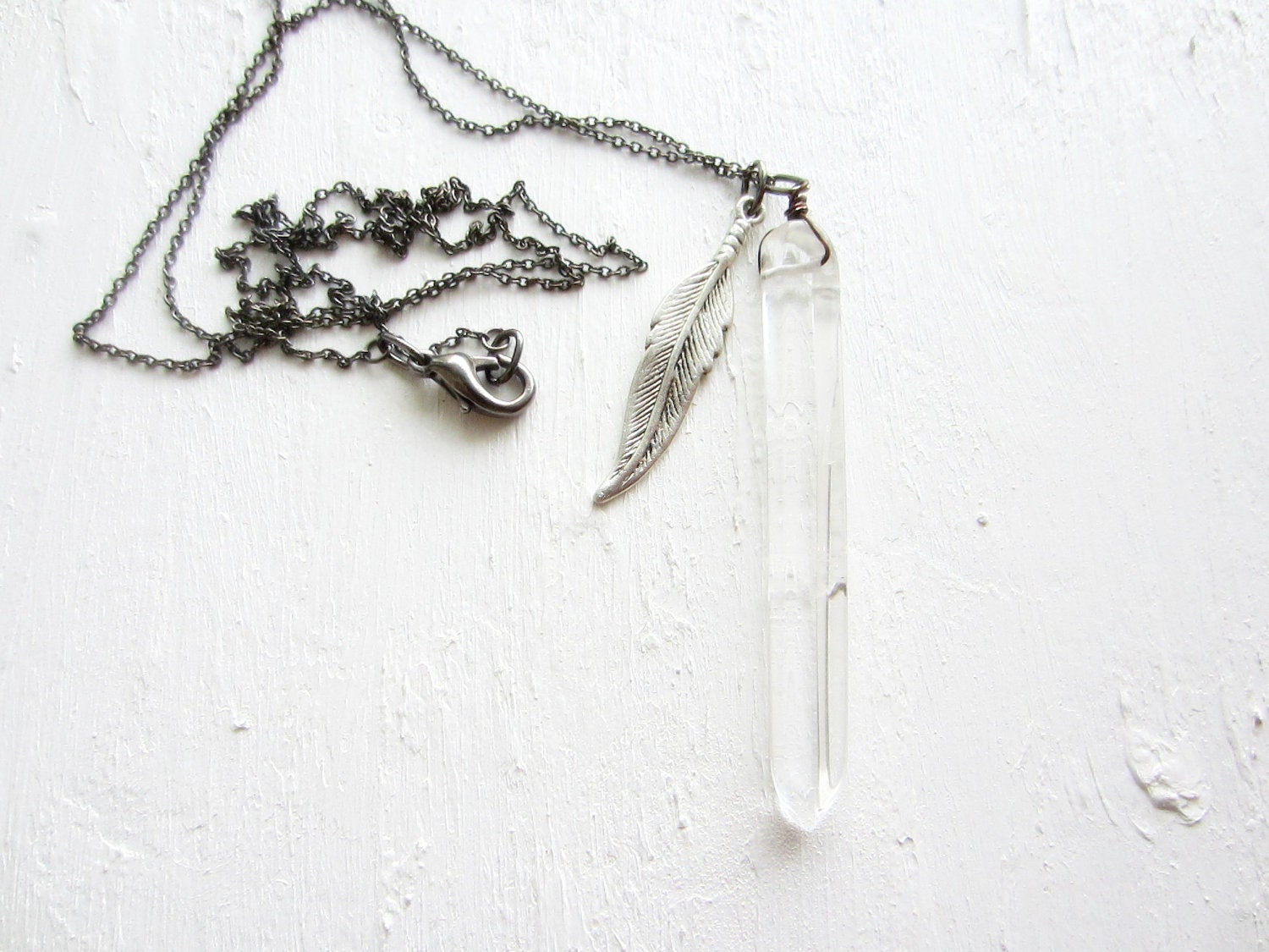 Crystal Quartz Necklace Silver Feather Charm and Rock Crystal Spike Necklace Edgy Bohemian Jewelry Gifts under 40 - REBELbyFATE