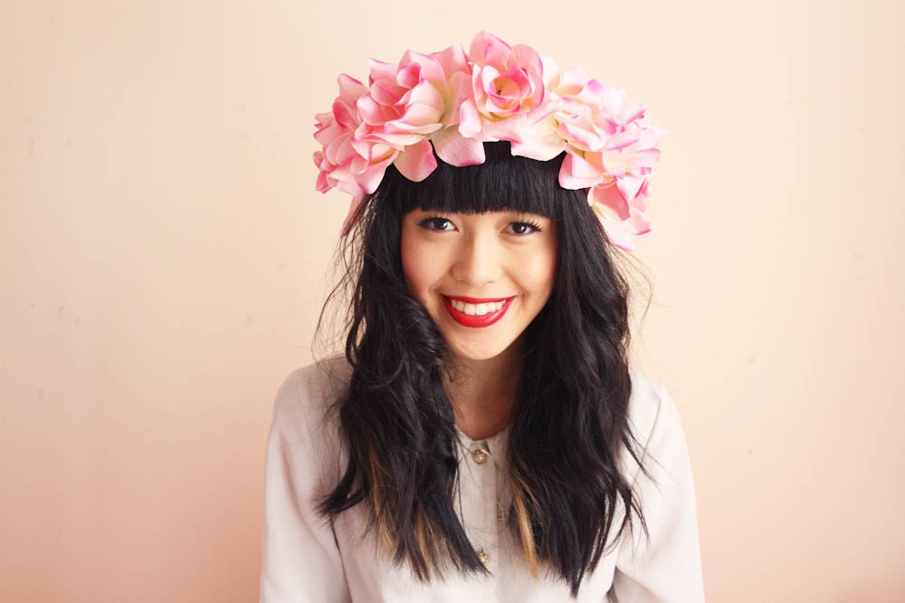 floral crown headband hair wreath - pink, romantic statement headpiece, large flower crown, oversized.
