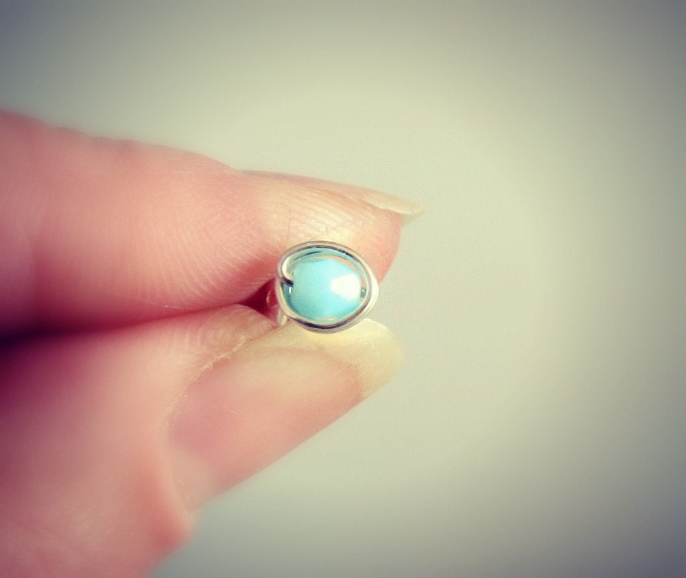 Mint Stud Earrings // Tiny Sterling Wire Wrapped Polish Glass Bead Posts