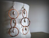 Copper Orbitz Chain Earrings // Wire Wrapped Silver Freshwater Pearl Dangles