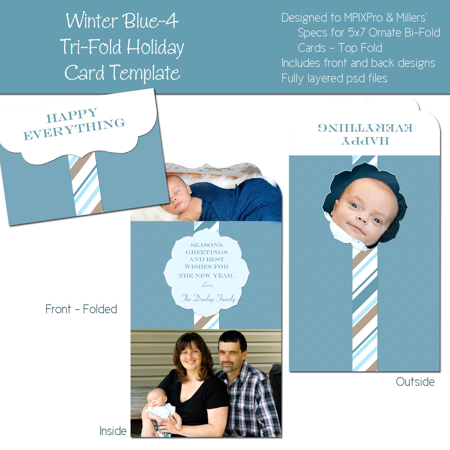 WINTER BLUE-4 Holiday/Christmas Tri-Fold Luxe Card Template - Perfect for Photographers - 5x7 Folded