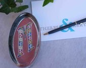 M monogram keepsake paperweight, pink, desk decor, office gift, vintage embroidery