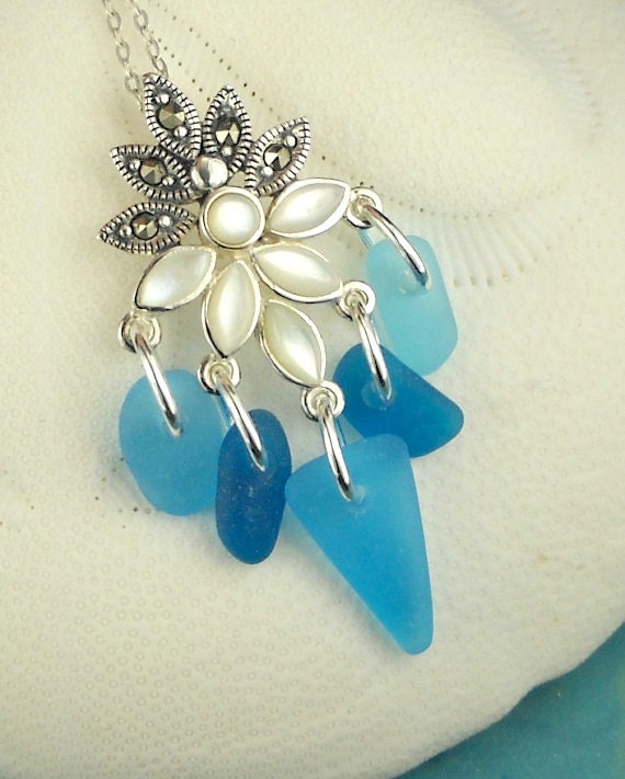 GENUINE Sea Glass Jewelry Aquamarine Necklace Sterling Silver And Mother Of Pearl