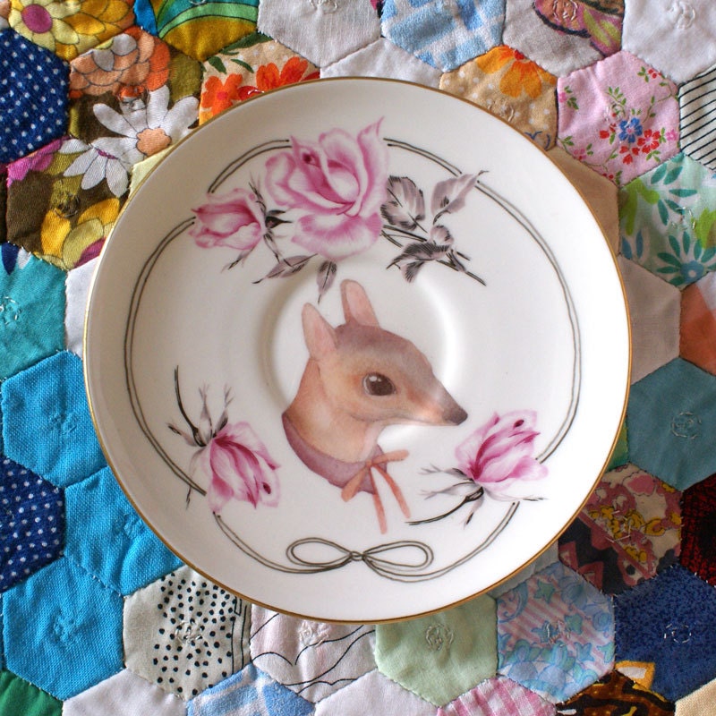 Little Miss Mouse Deer With Pink Floral and Bow Vintage Illustrated Plate