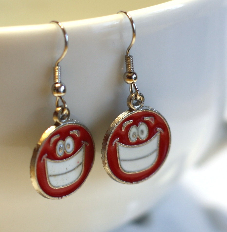 Red Smiley Face Enamel Charm Earrings