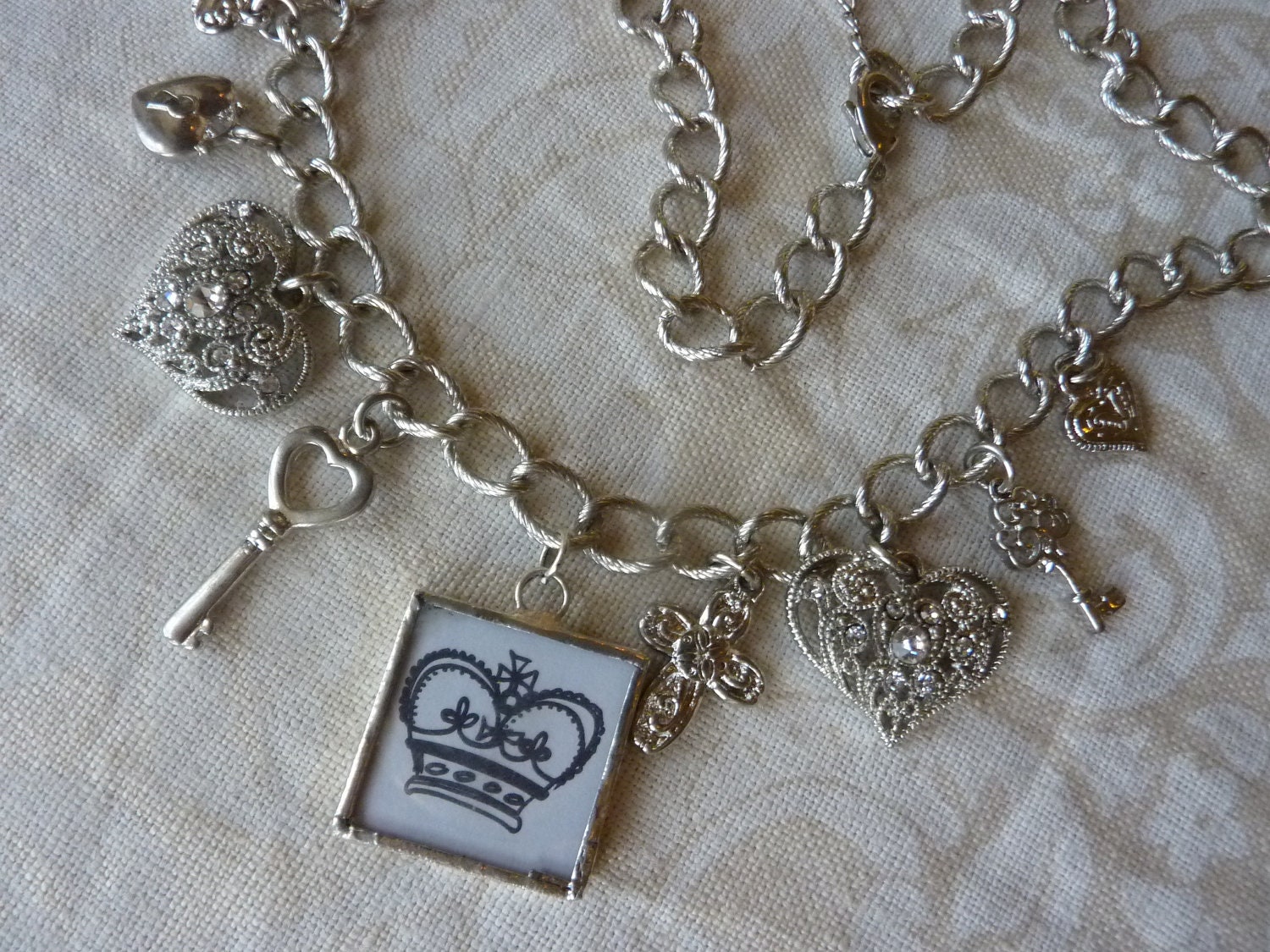 Charm Necklace Charmed Vintage Soldered Charm ROYAL CROWN & HEARTS