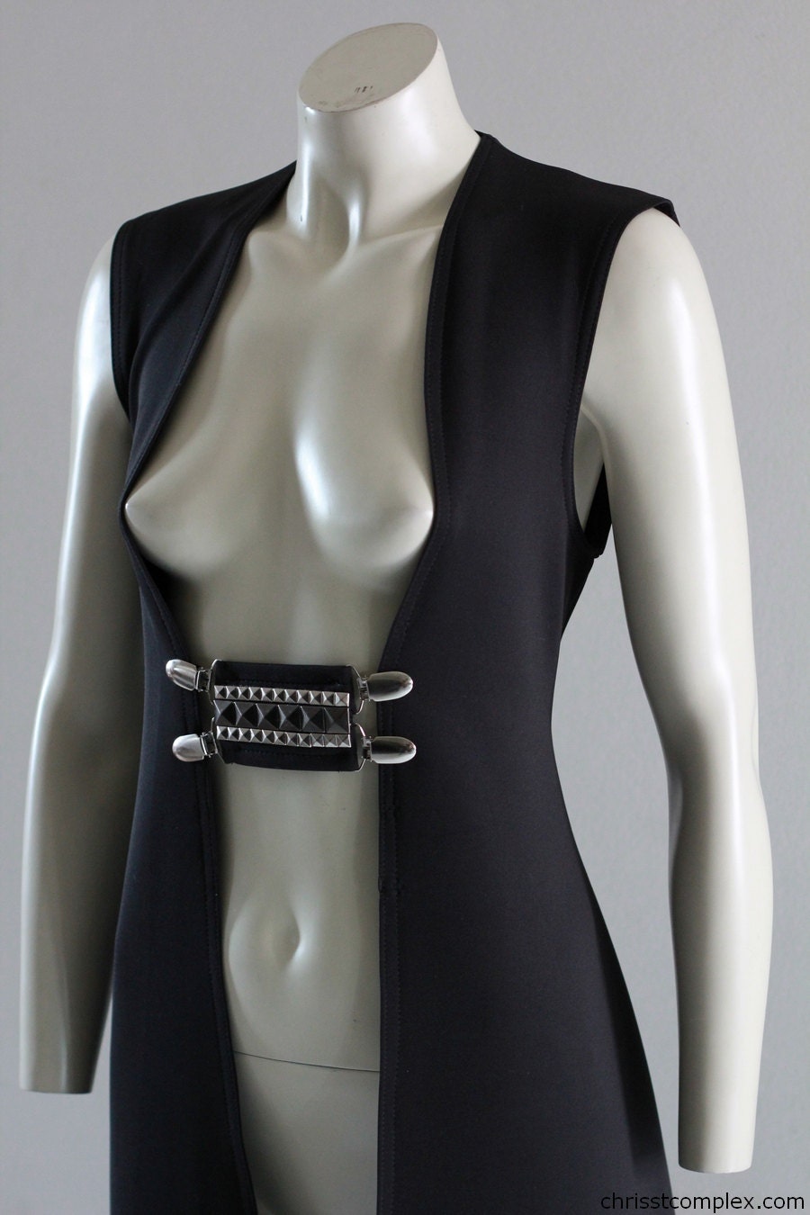 Sleeveless Jacket Long Vest Jacket pyramid studs Clips Black Coat Robe Dress Floor Length Maxi Goth - Chrisst - SPECIAL ETSY PRICE