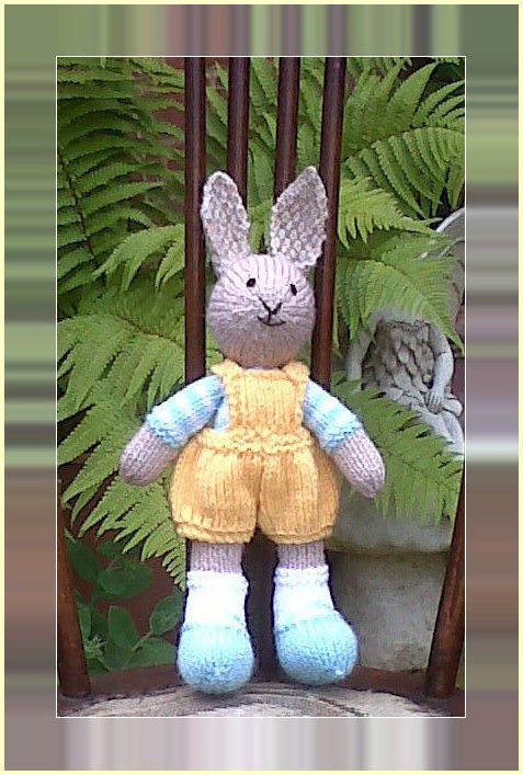 Handknit bunny, rabbit, girl, yellow, aqua, beige,