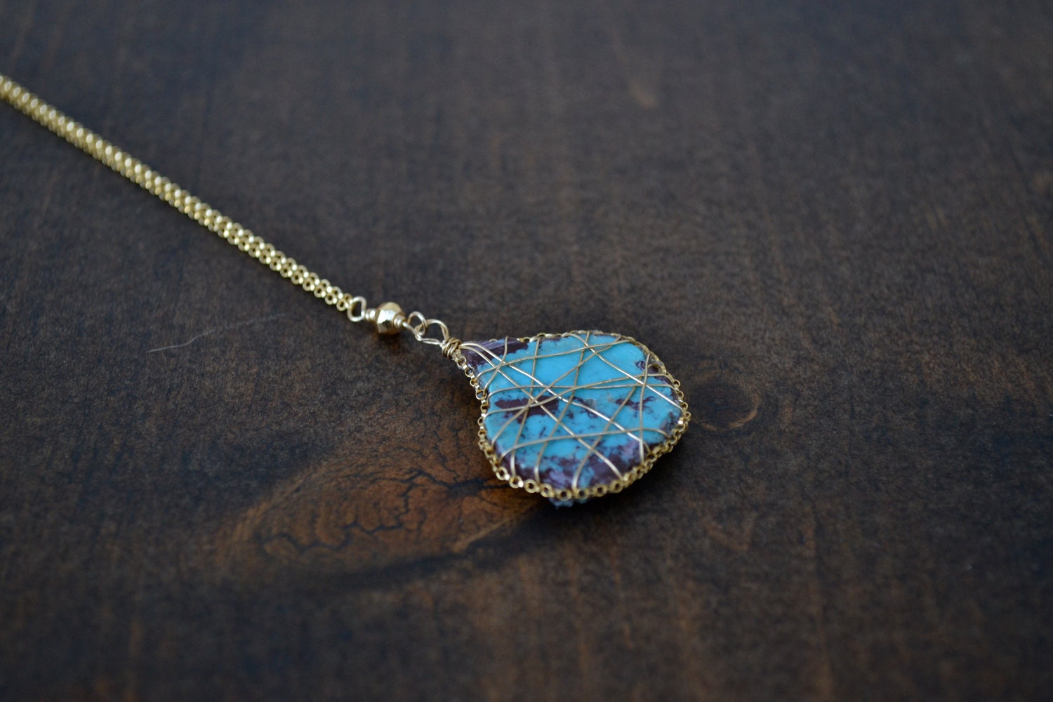 LONG ANITA Turquoise Chain Bezel Wire Wrapped Simple Gold Necklace