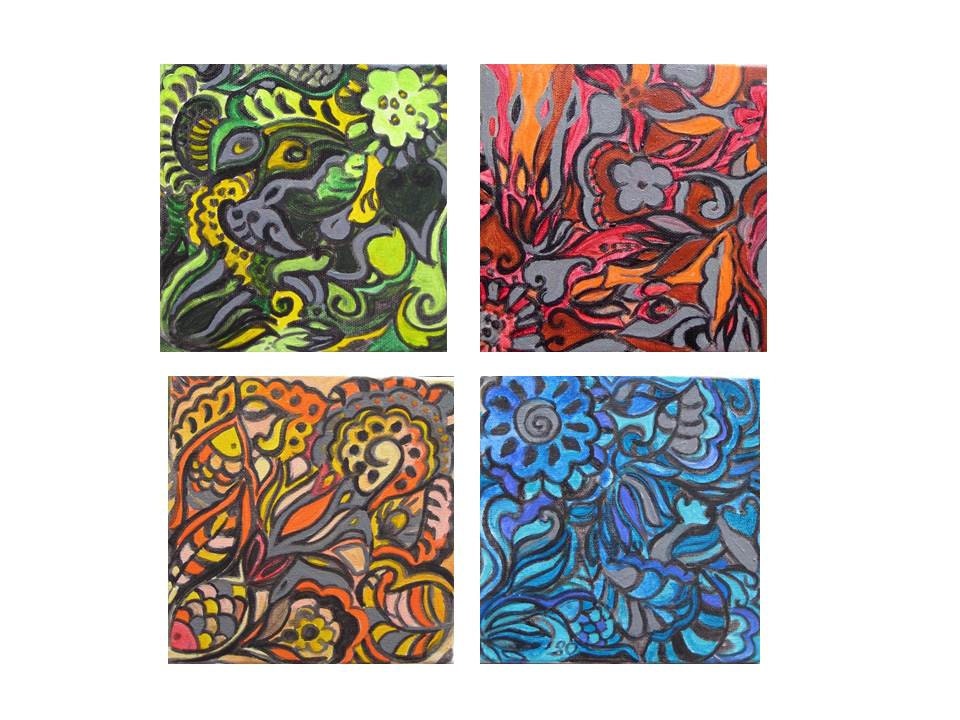 Abstract painting SMALL nature art- 12"x12" set of 4 nature painting red blue green yellow by devikasart