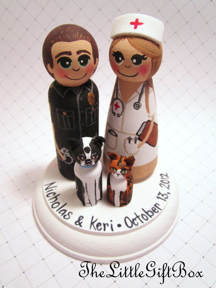 Wedding Cake Topper / Customized Wood Peg Dolls / Couple plus 2 small pegs (perfect for children or pets) and a plaque