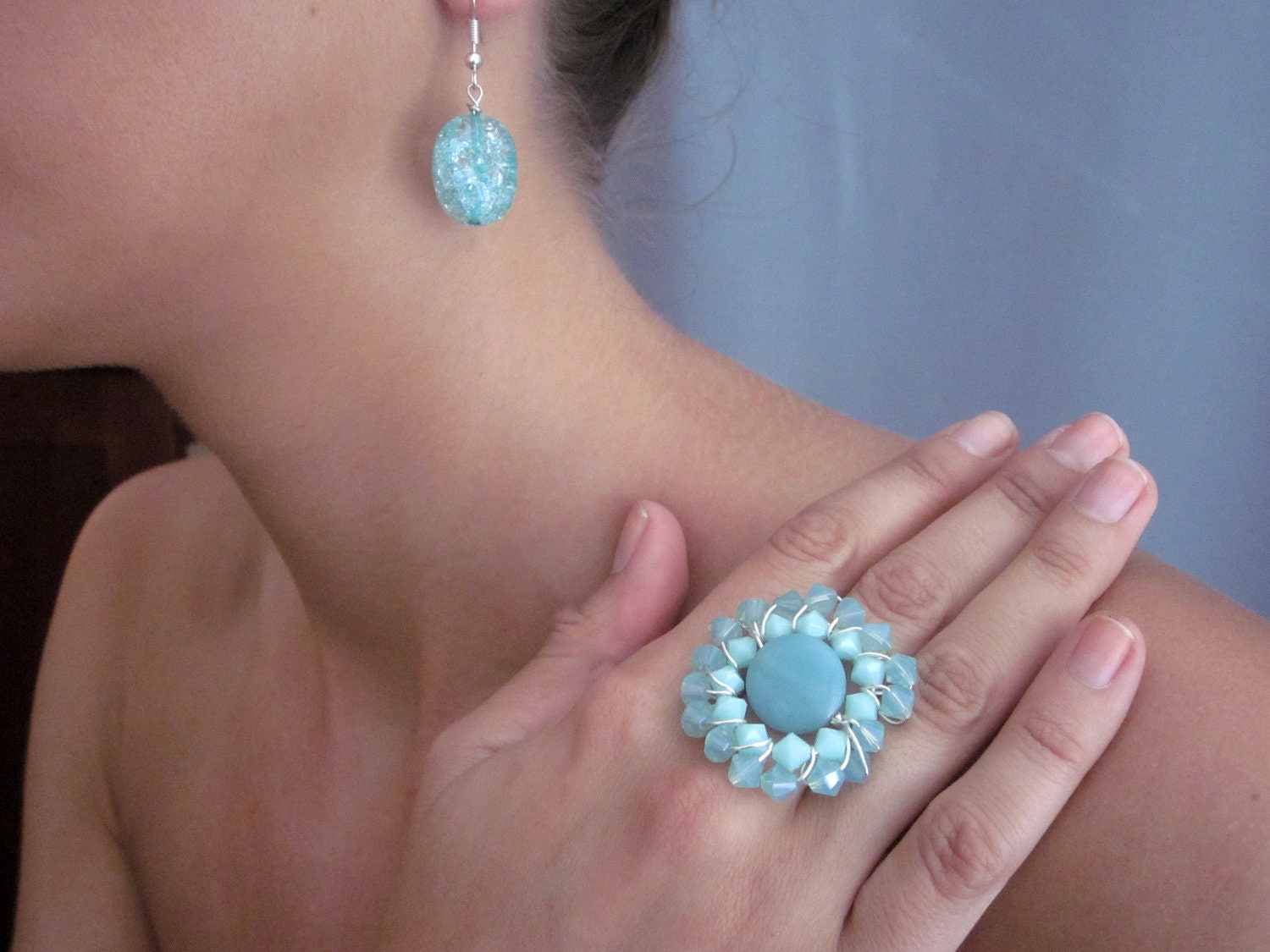 SALE - 50% OFF CLEARANCE Amazonite Stone Mint Green Opal Swarovski Crystal Statement Wire Wrapped Ring
