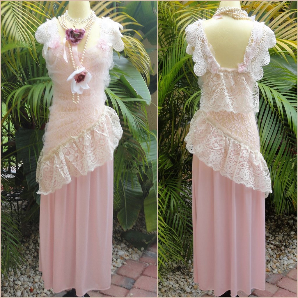 Lace Bridesmaid Slip Dress - Vintage Upcycle Slip Soft Pink Dress Wedding with Crochet Laces by vastly vintage on etsy