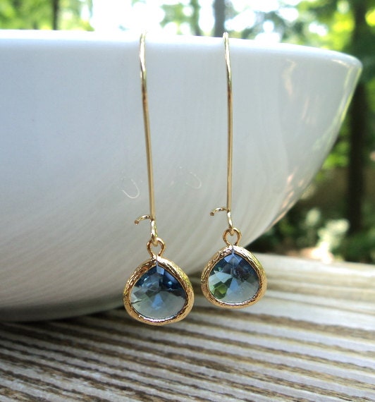 Sapphire SMALL tear shape glass dangles on gold kidney wire earrings.  Everyday.  Bridal.  NEW ITEM.