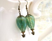 Green Hot Air Balloon Earrings - Green Steampunk Jewelry - blown glass beads and brass earrings