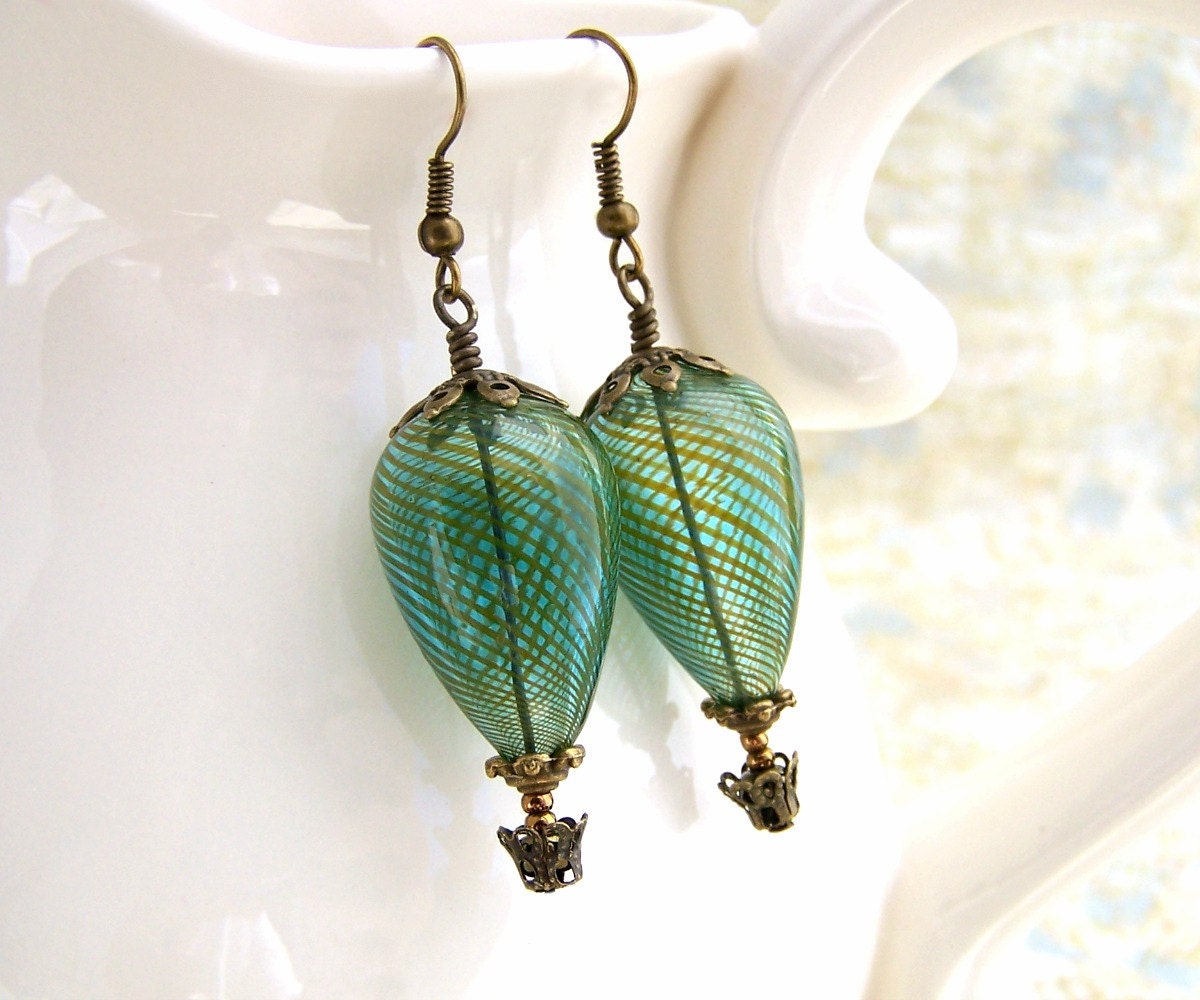Green Hot Air Balloon Earrings - Green Steampunk Jewelry - blown glass beads and brass earrings