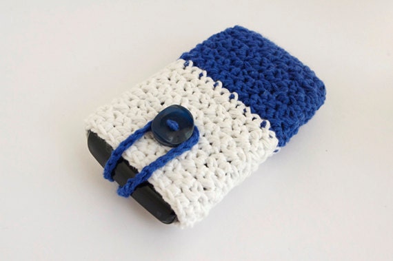Nautical Blackberry Cover, cell phone cozy, Blue crochet case, marine white cotton