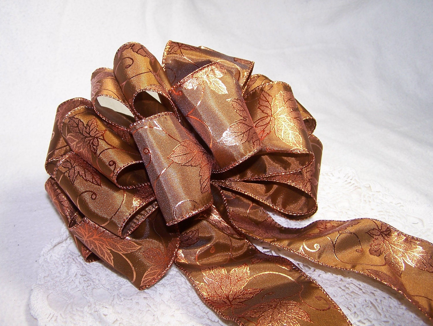 Large 8 inch Copper Leaf Ribbon Bow Handmade Wreath Pew Holiday Autumn Thanksgiving Fall Decor Web Gift Party