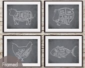 Cow, Pig, Chicken and Tuna FIsh Butcher Diagram Series - Set of 4 11x14 Prints (Featured in Charcoal)
