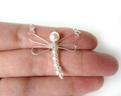 Dragonfly Sterling Necklace - White Swarovski Pearl  -  June Birthday - Dragonfly Jewelry -Tagt