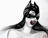 NEW - Catwoman (Original artwork) Black and White, Wall Art, Home Decor, for her, for kids, Fashion Illustration Modern Art , drawing