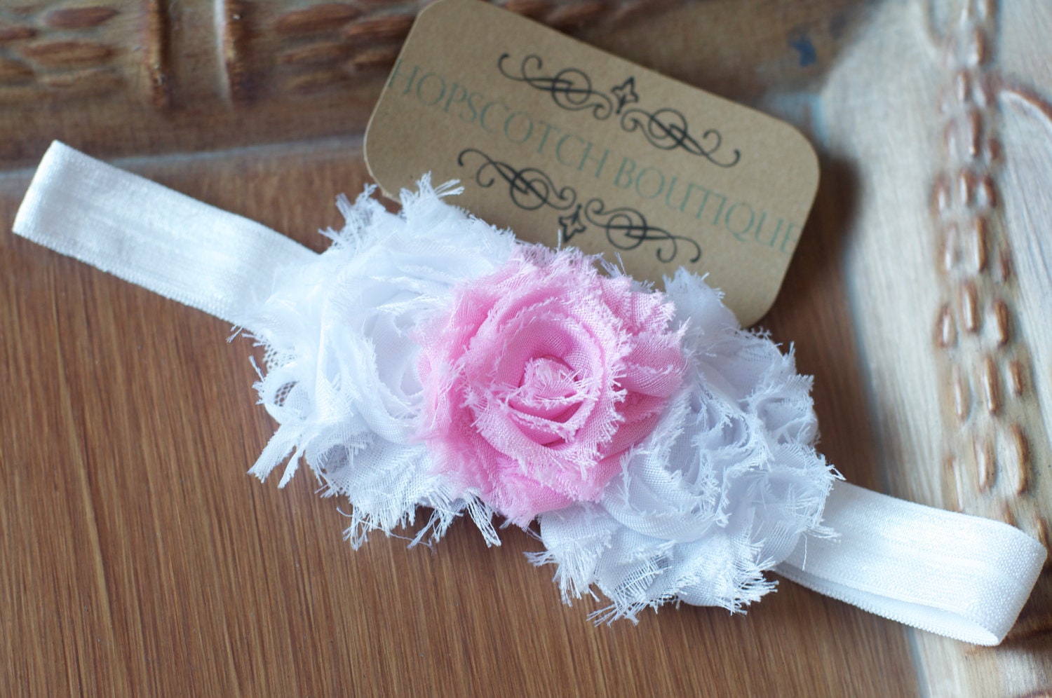 Grace Layered Trio- Pink and White Shabby Flower Headbands  - Newborn To Adult