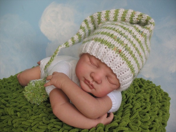 Gnome Style Hat in Snowflake Limelight and Antique White, Hand Knit in Size Newborn, Cute Baby Gift
