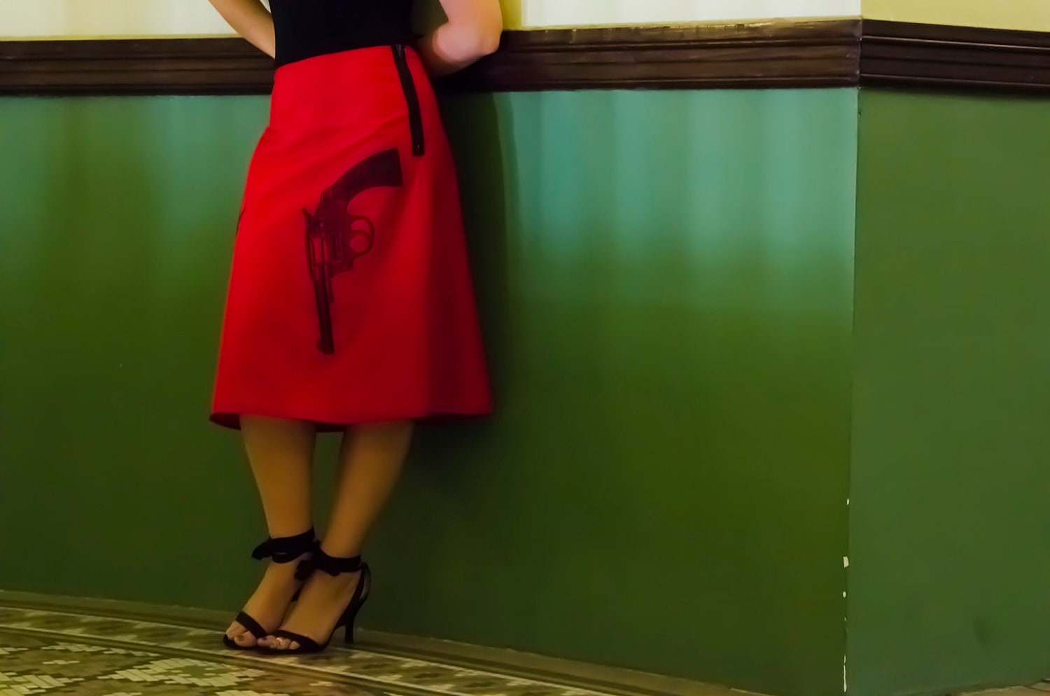 Red A-Line Skirt with Black Pistol Silk Screen Guns