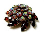 Vintage Brown Amber Orange Aurora Borealis Swirling Domed Rhinestone Brooch Pin