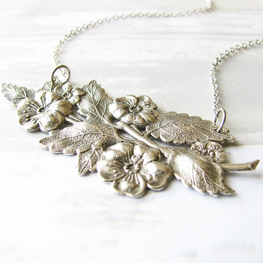 Blooming Vine Necklace, Antiqued Silver Plated Flower Pendant - Floral Necklace, Fashion Jewelry, Summer Jewelry
