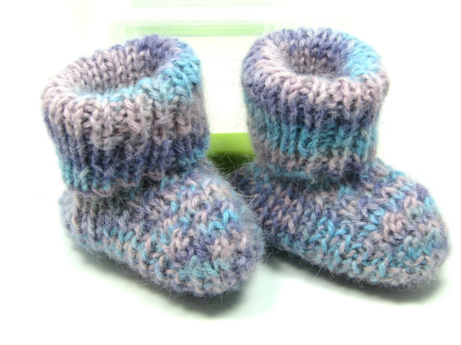 Knitted Alpaca Baby Booties Pink Lavender Blue Stripes 0-6 mos - jenandoles