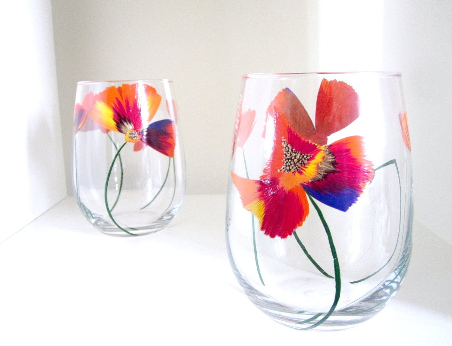 2 Drinking Glasses- Hand Painted Wine Set- Color Splash Poppies Glassware